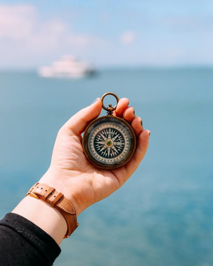 Person holding a compass in front of open waters with a white boat in the background. 