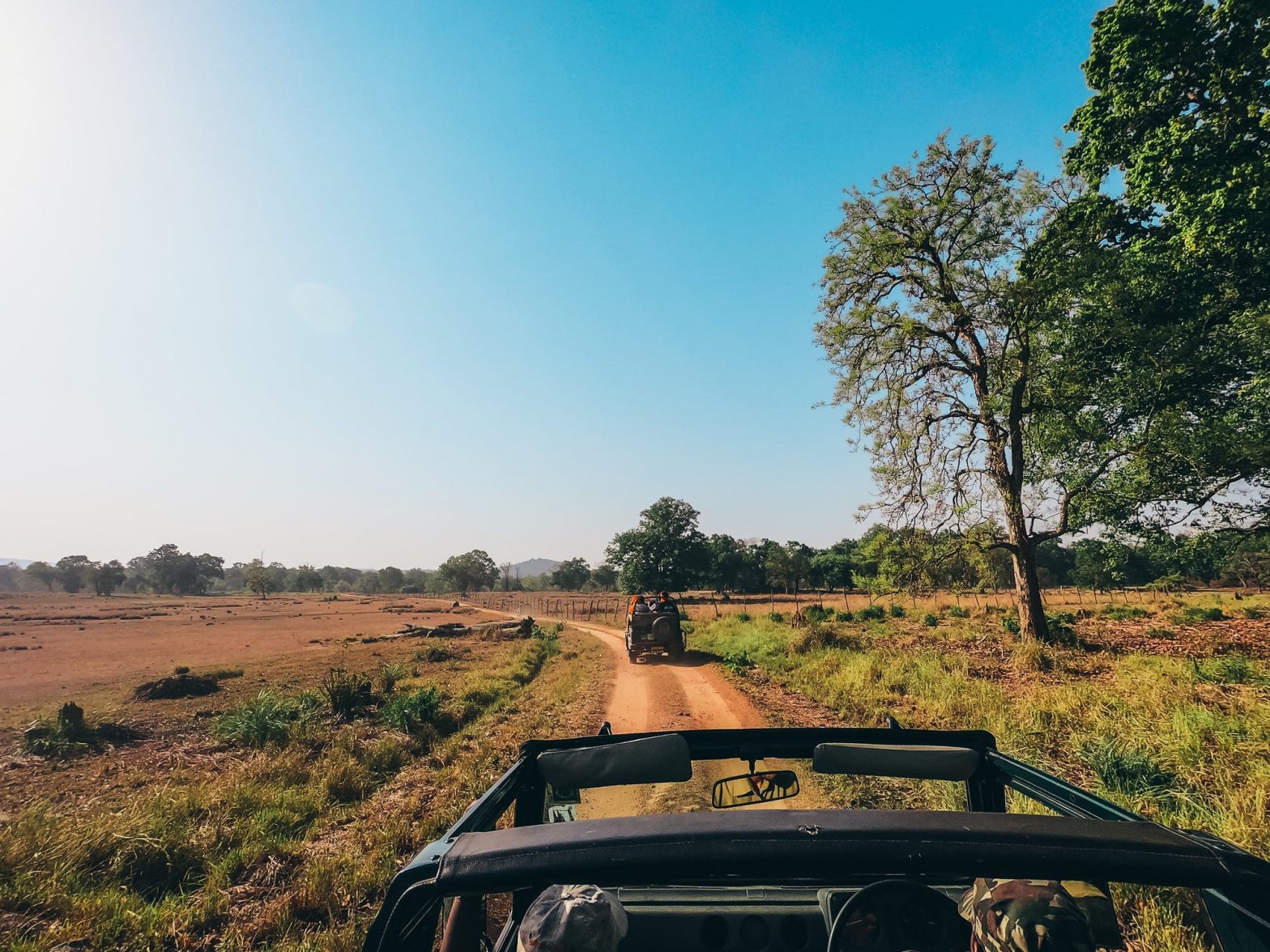 Convoy of offroad vehicles driving down a dirt track