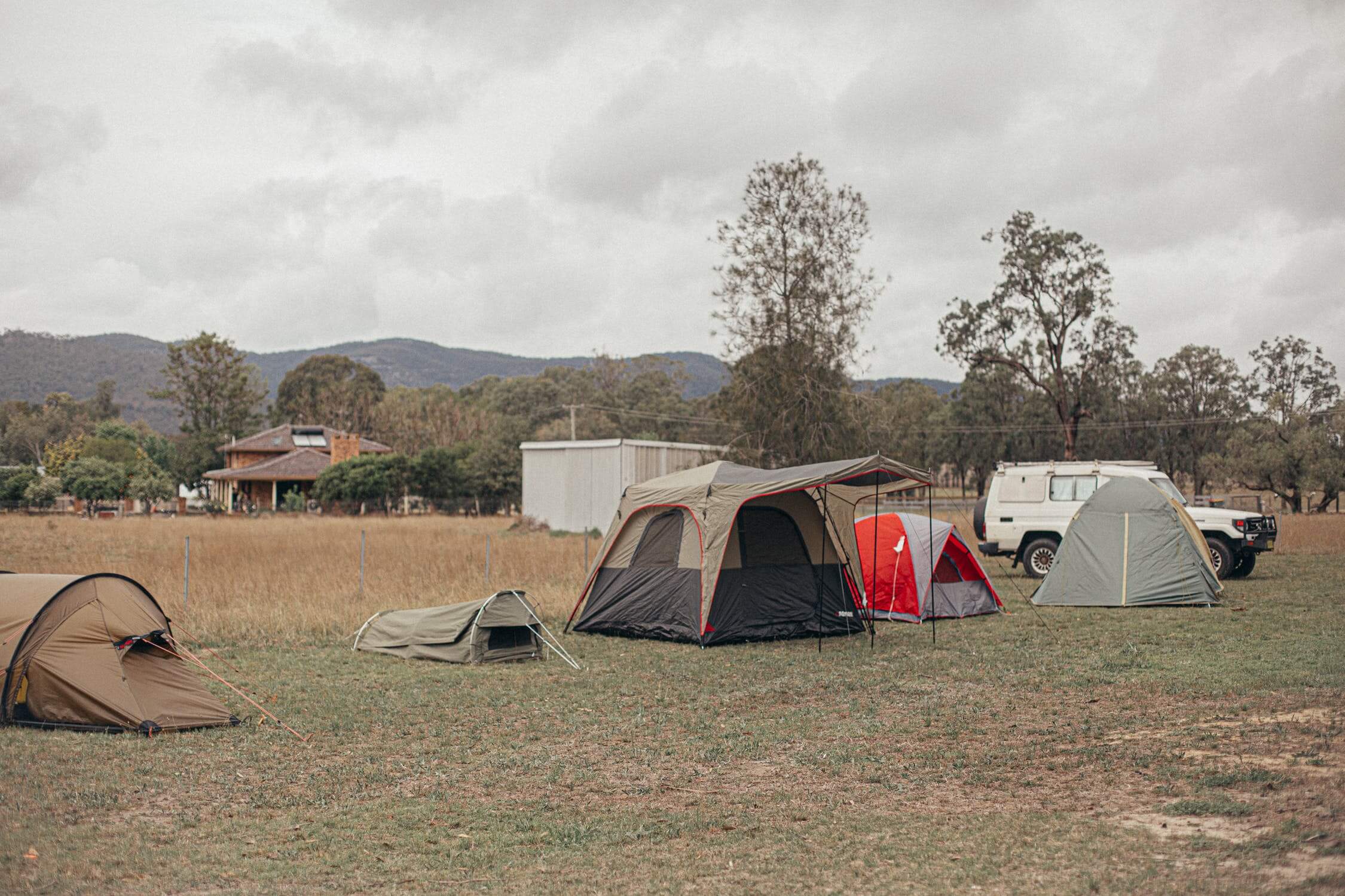 Camping gear set up in a backyard ready to go on a trip. 