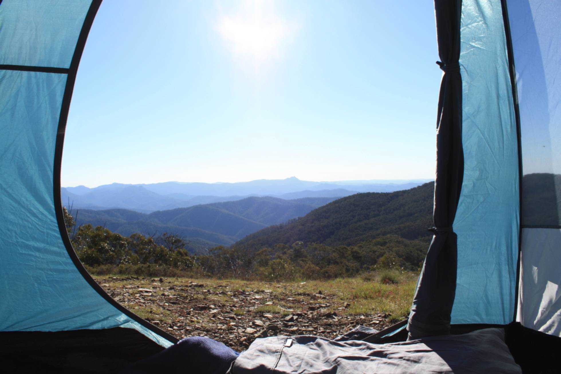 View from inside of a clean, blue tent