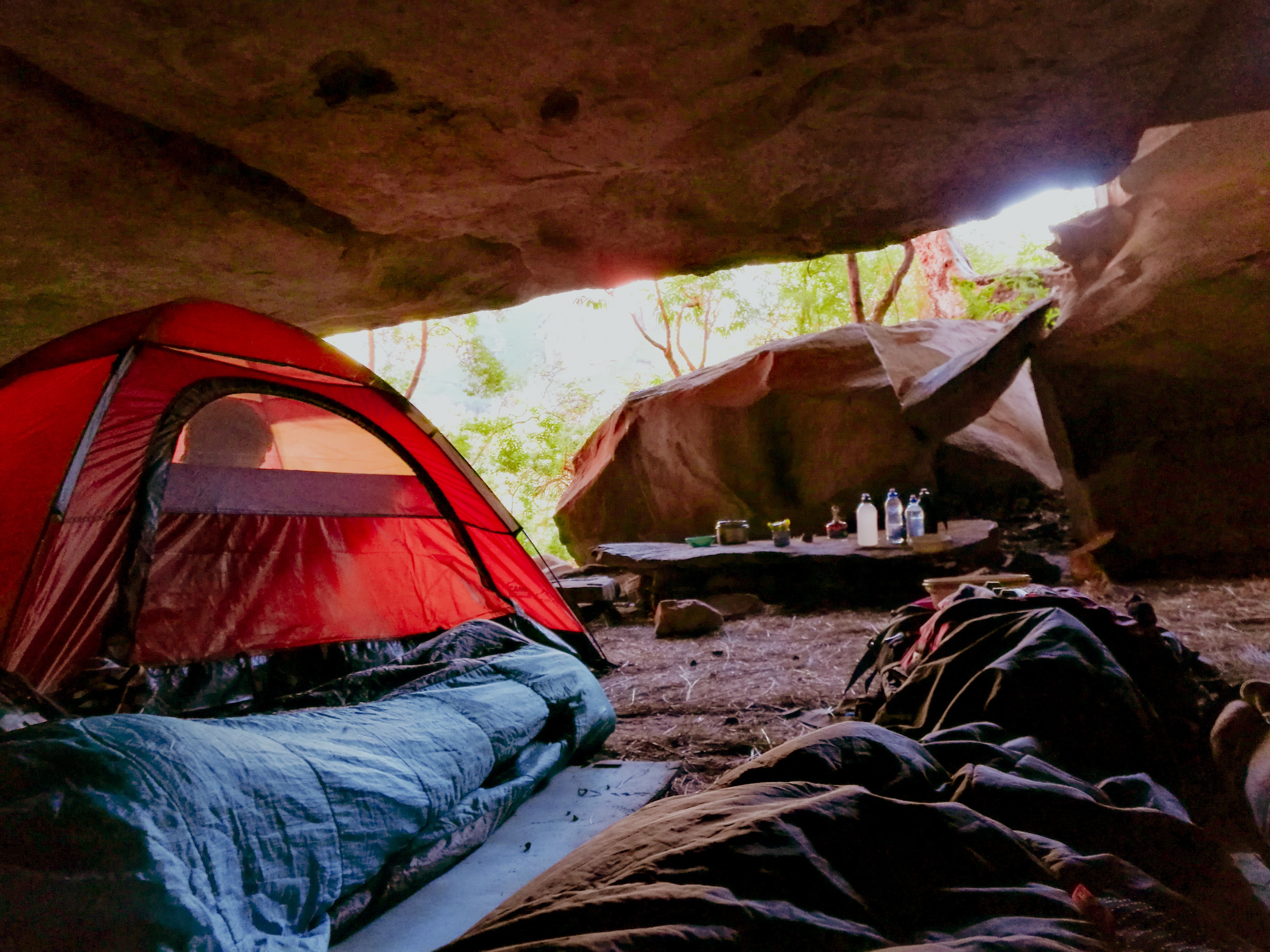 campsite set up in rocky mountains